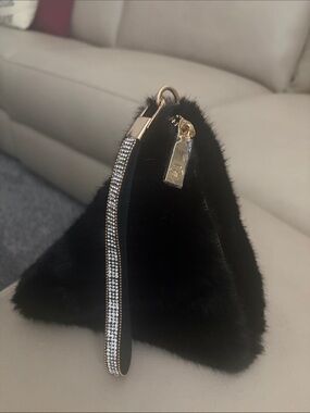 Plush Black Pyramid Wristlet Clutch with Crystal Strap